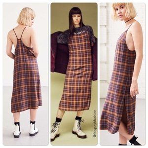 Green Plaid Side Slit Slip Midi Dress